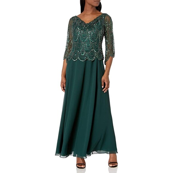 J Kara Hunter Green Petite 3/4 Scallop Beaded Pop Over Gown Sz 8P - Picture 1 of 5